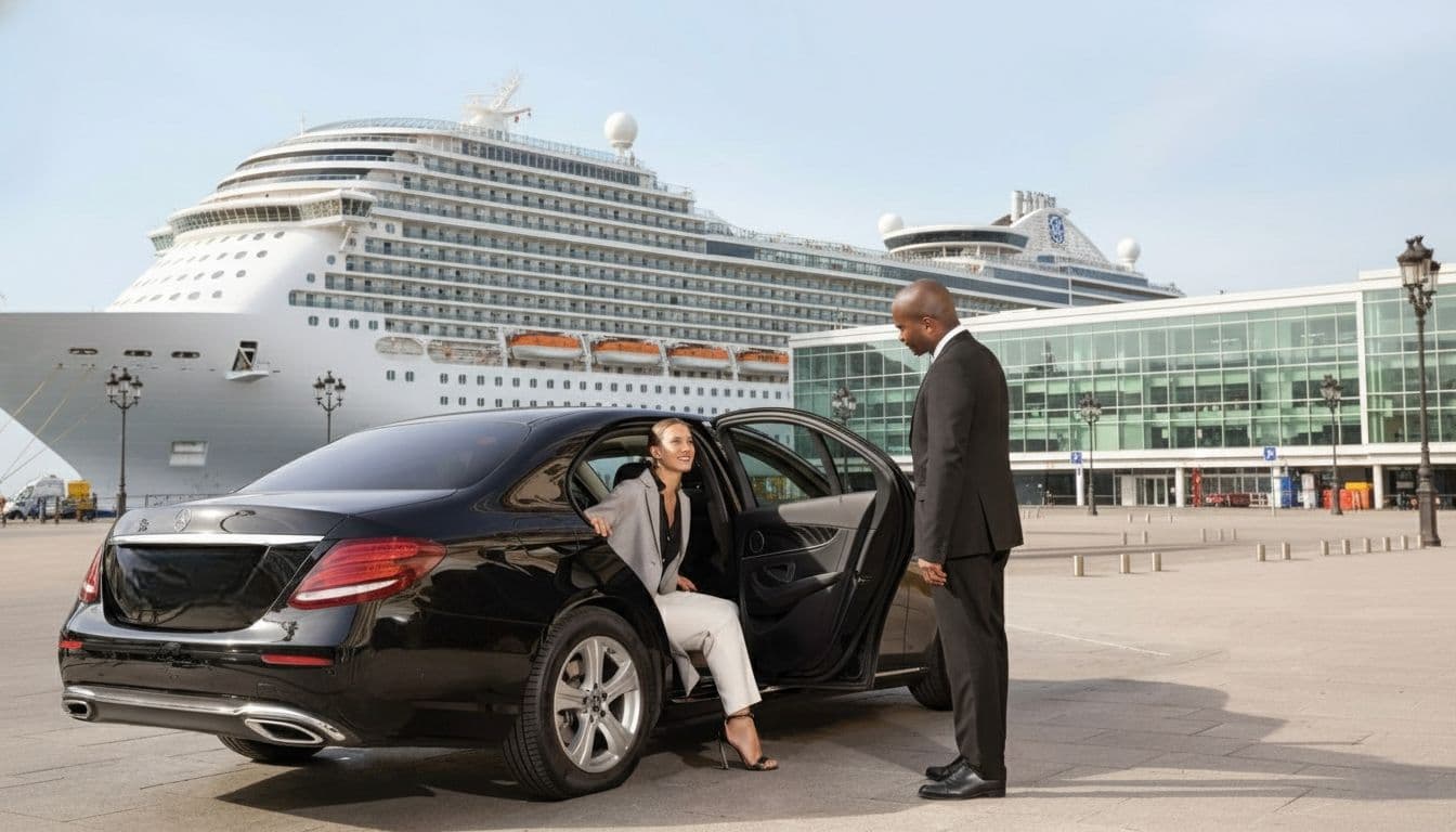 Lady arriving at Southampton Cruise Terminal, stepping out of a Mercedes-Benz E-Class sedan