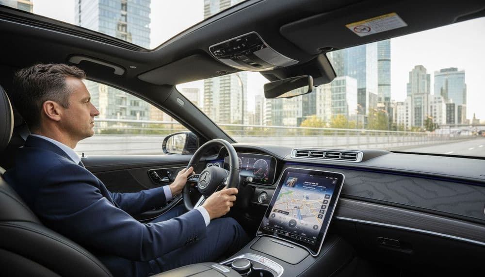 Professional chauffeur driving a Mercedes-Benz with focus on steering wheel and dashboard interior