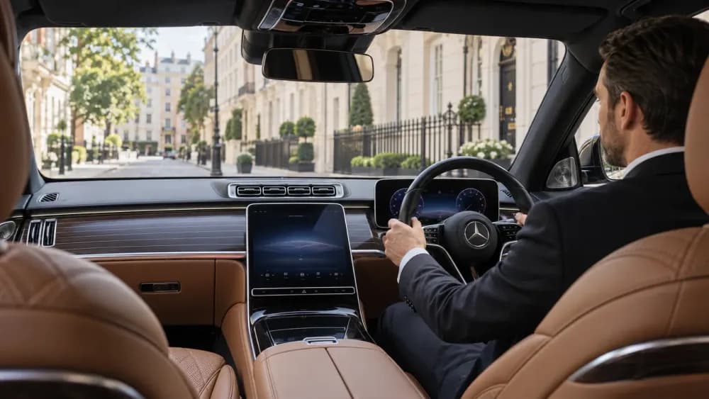 Professional chauffeur in a right-hand-drive Mercedes-Benz S-Class with tan leather interior in London.