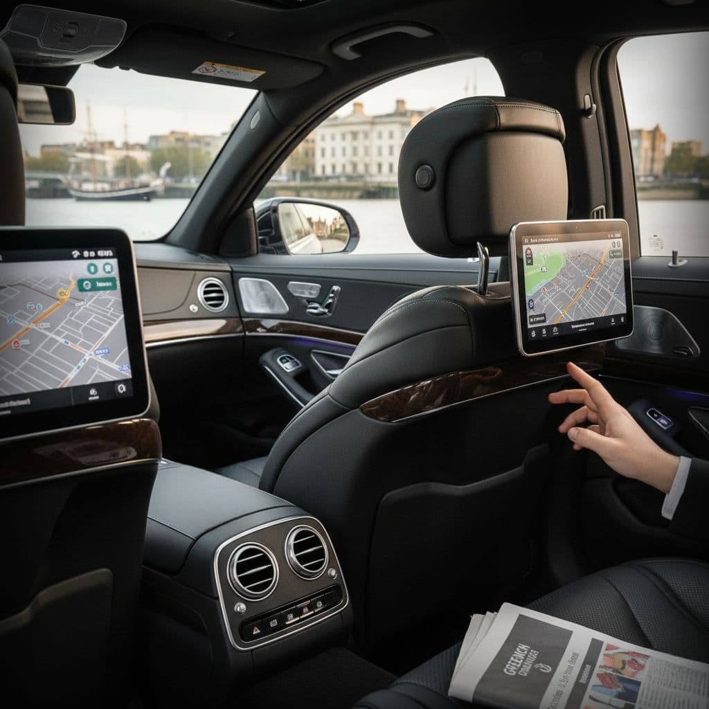 Passenger using tablet in luxury chauffeur car in London during private transfer