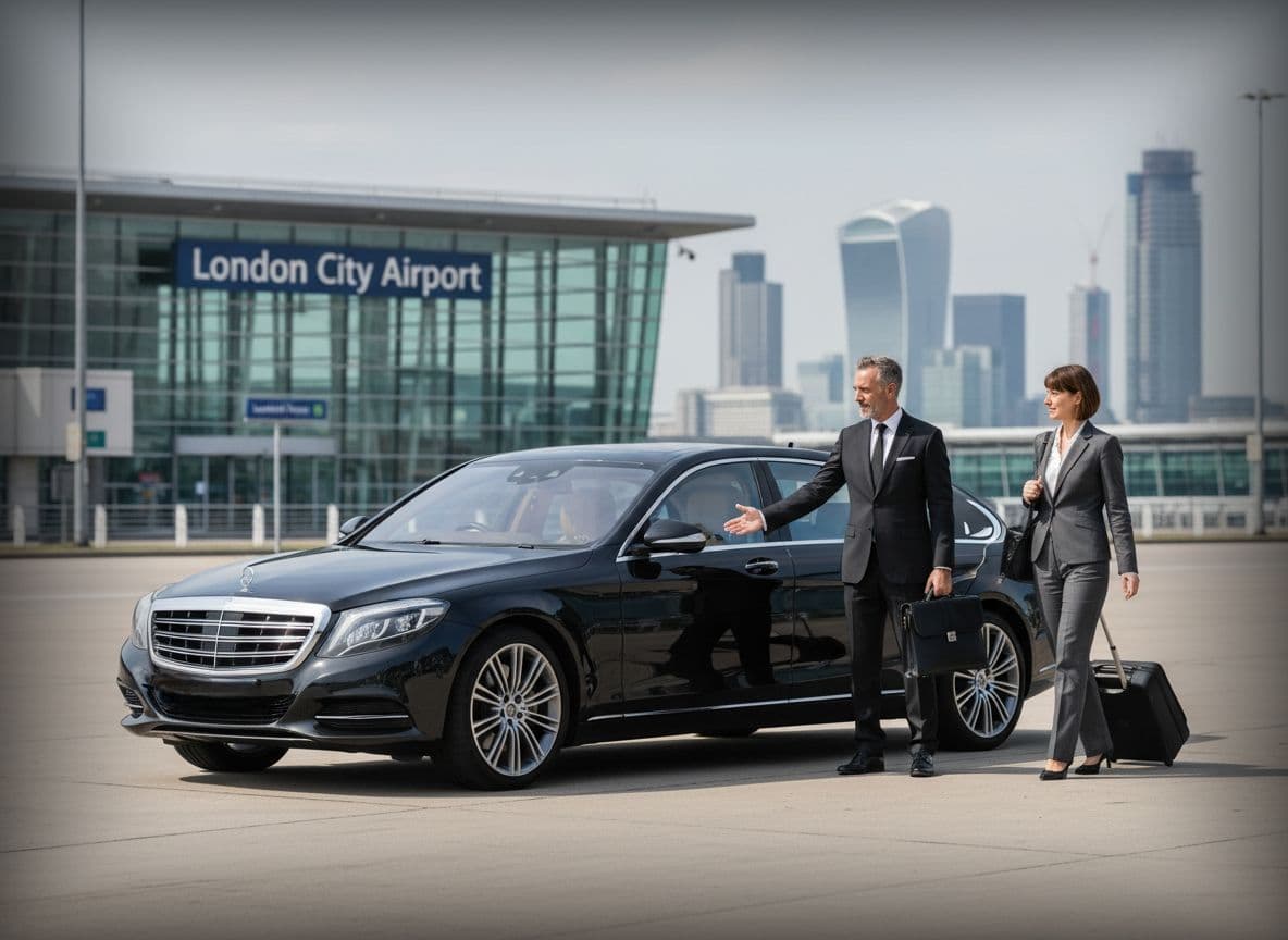 Professional chauffeur welcoming female business passenger at London City Airport for executive transfer to Canary Wharf and central London