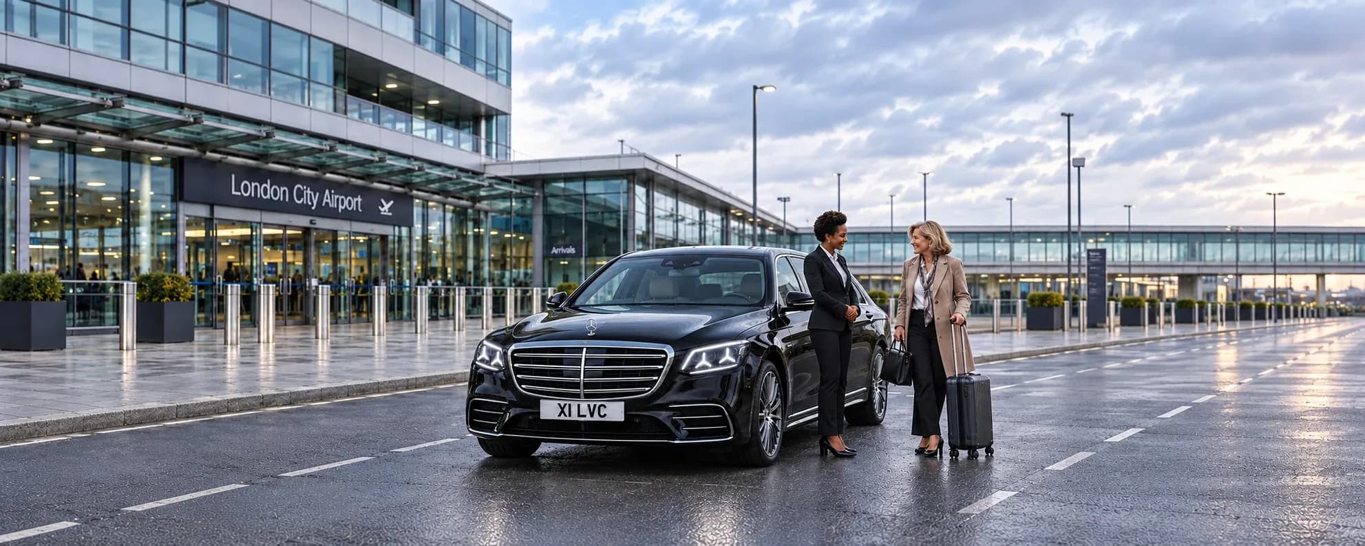 Female chauffeur welcoming a client beside a black Mercedes-Benz S-Class at London City Airport.