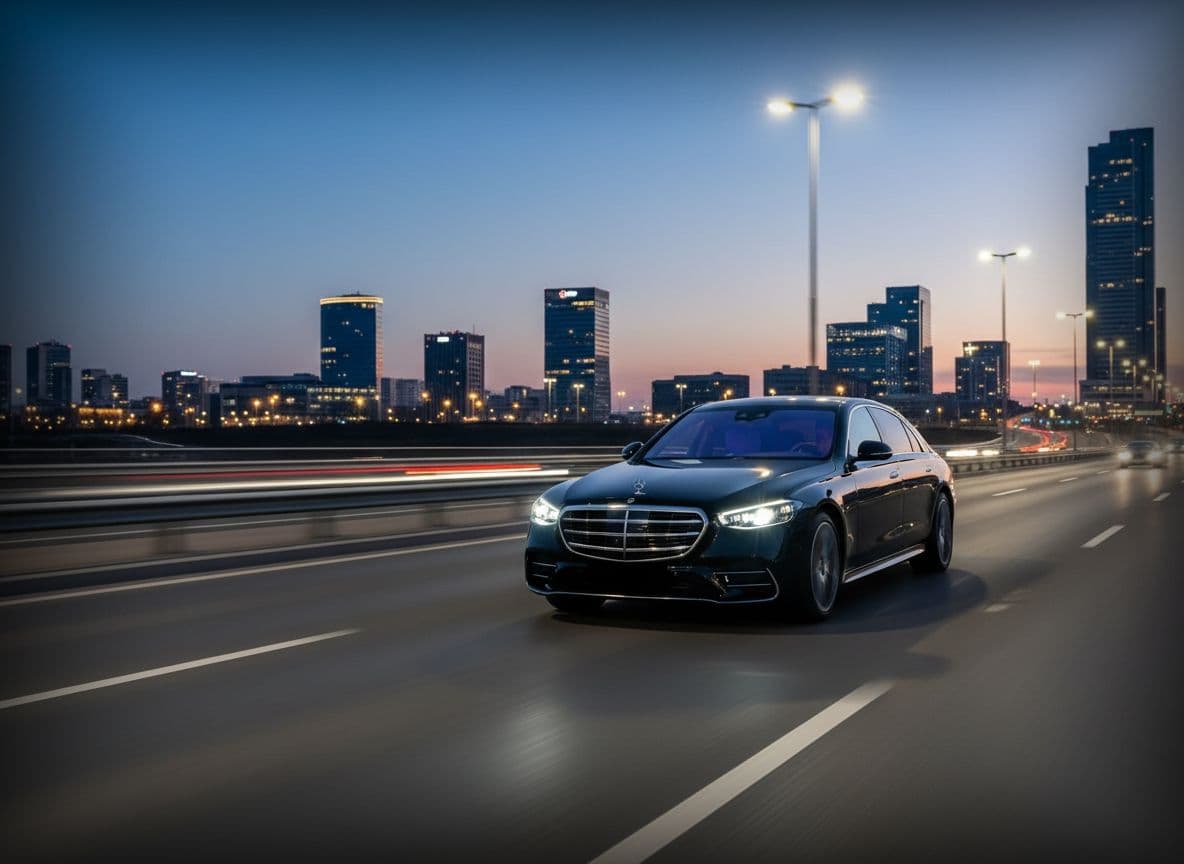 Mercedes-Benz S-Class chauffeur driving on motorway towards Heathrow Airport for private transfer service