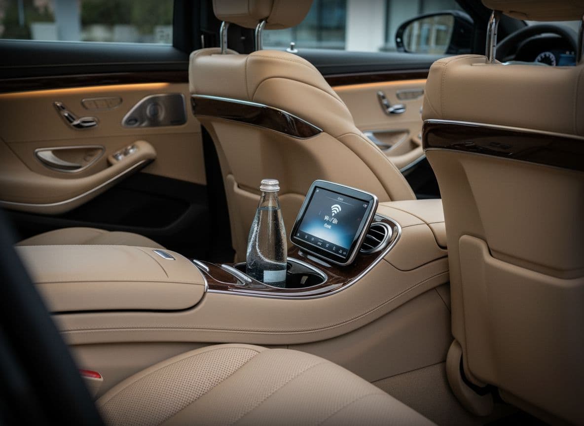 Close-up of a luxury car's rear cabin showing pristine leather seats, climate controls, and high-speed Wi-Fi interface.
