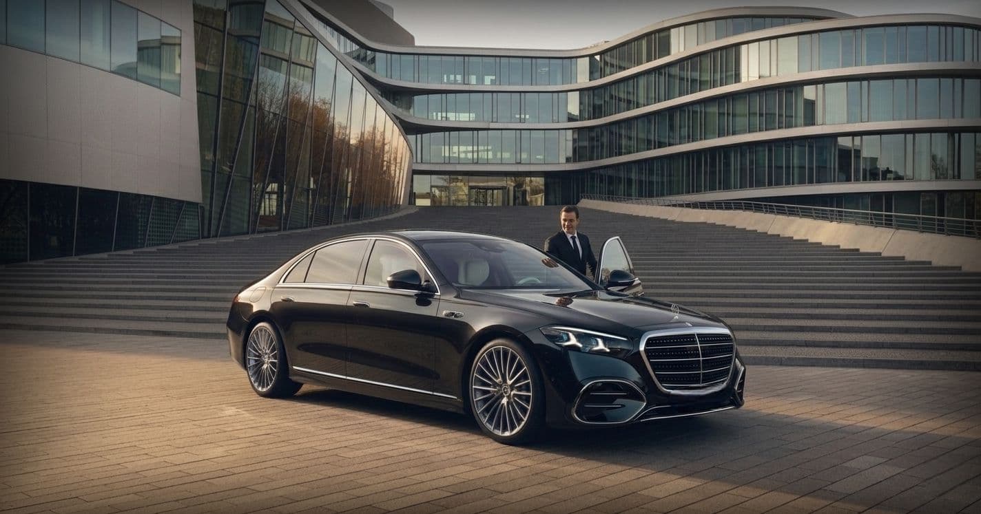 A luxurious black Mercedes-Benz S-Class parked in front of a modern glass building, with a professional chauffeur in a dark suit opening the rear door.