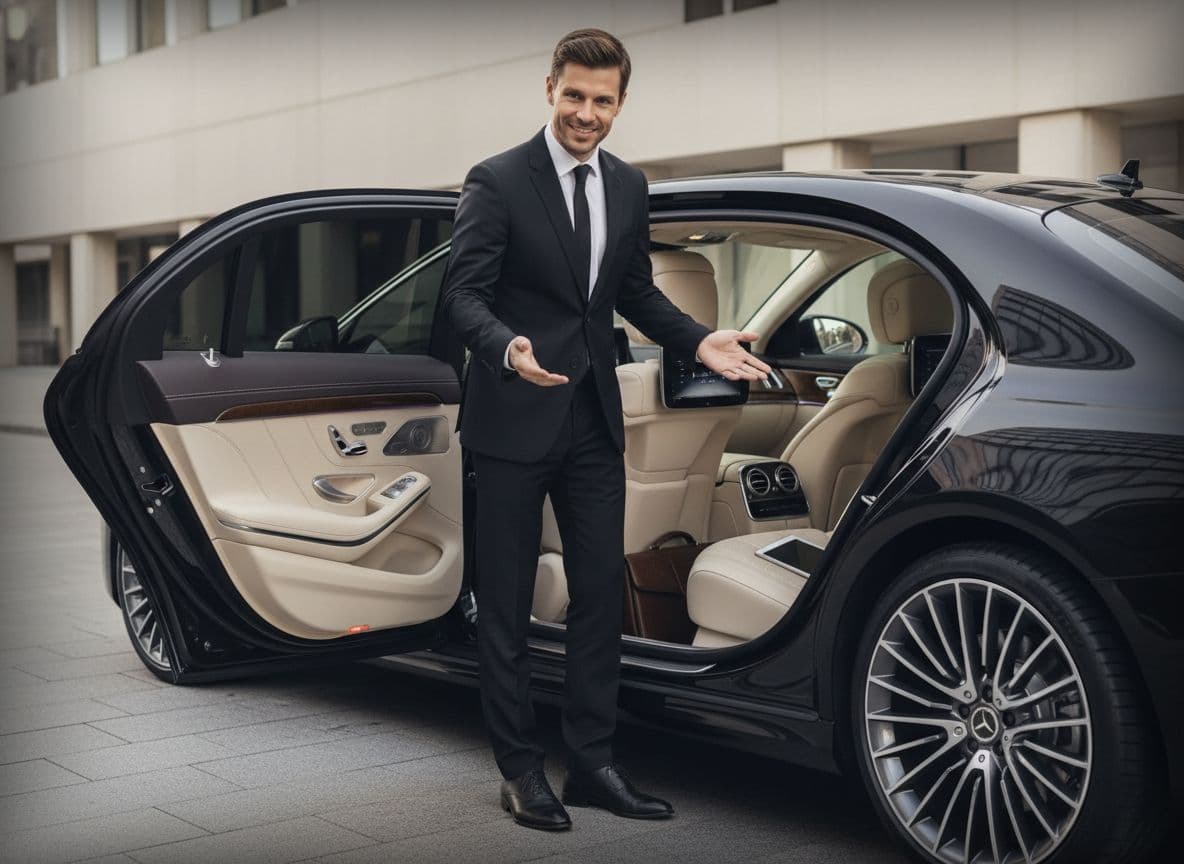 Fashion- week chauffeur opening the door of a Mercedes-Benz S-Class with luxury leather interior ready to welcome passengers in London.