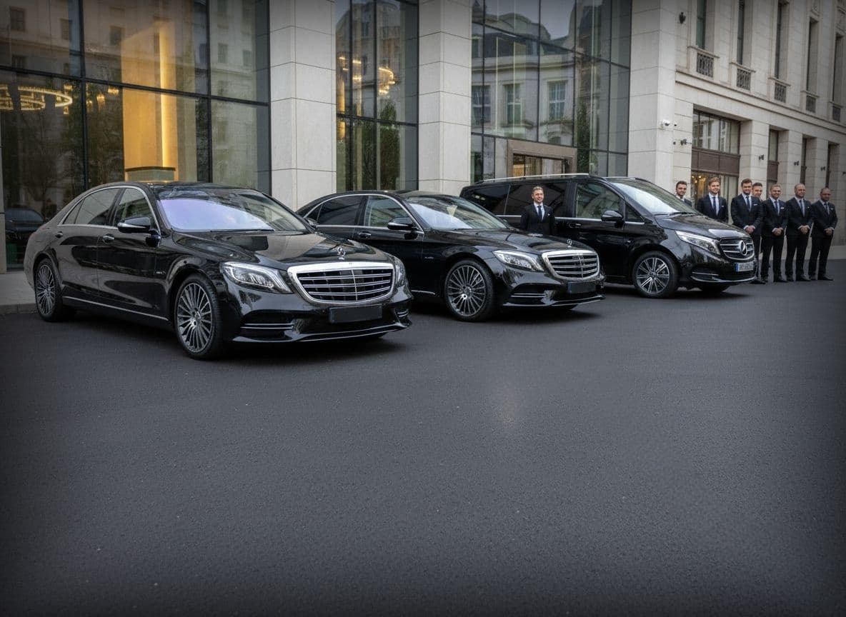 Luxury chauffeur fleet including Mercedes E-Class, S-Class and V-Class with professional drivers ready for Luton Airport transfers with London VIP Chauffeur service