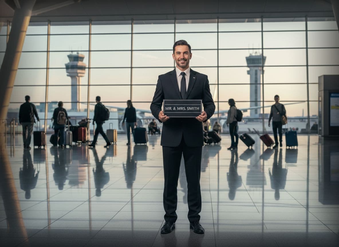 Luxury chauffeur holding name board inside Luton Airport terminal providing meet and greet airport transfer service for London VIP Chauffeur passengers