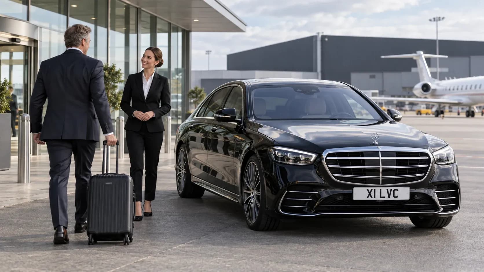 Illustration of a female chauffeur welcoming a passenger beside a Mercedes-Benz S-Class at a private aviation terminal.