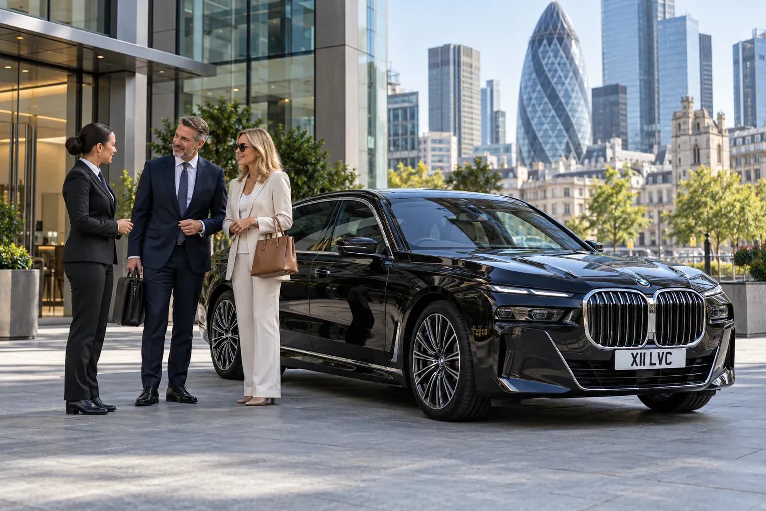 Chauffeur and business travellers beside a BMW 7 Series outside a City of London office.