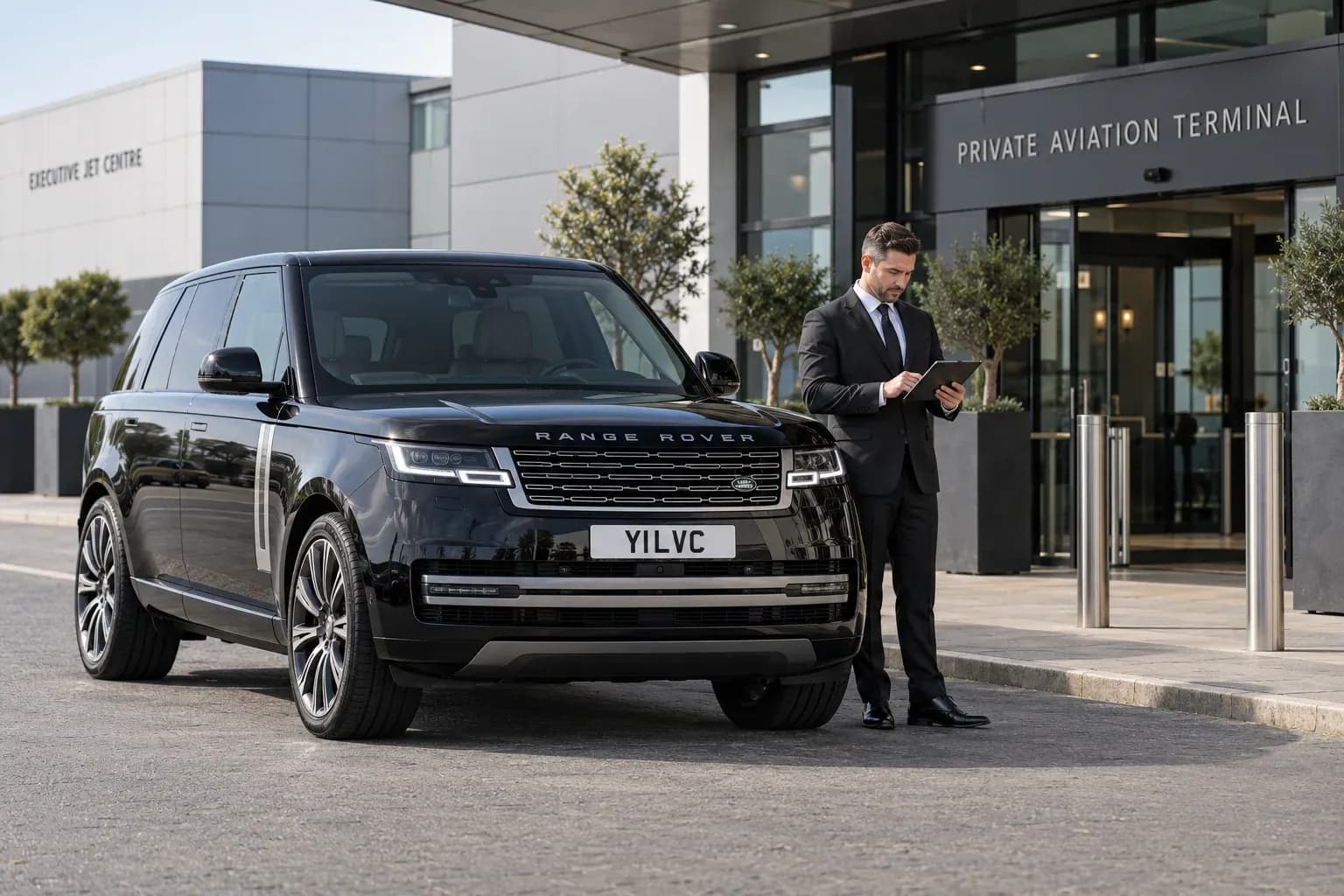 Illustration of a chauffeur checking collection details beside a Range Rover at a private aviation entrance.