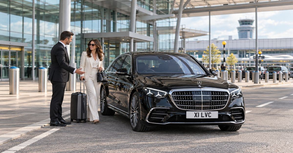 Chauffeur greeting a traveller beside a black Mercedes-Benz S-Class at an airport terminal.