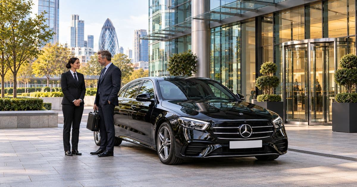 Executive guest and chauffeur beside a black Mercedes-Benz E-Class in the City of London.
