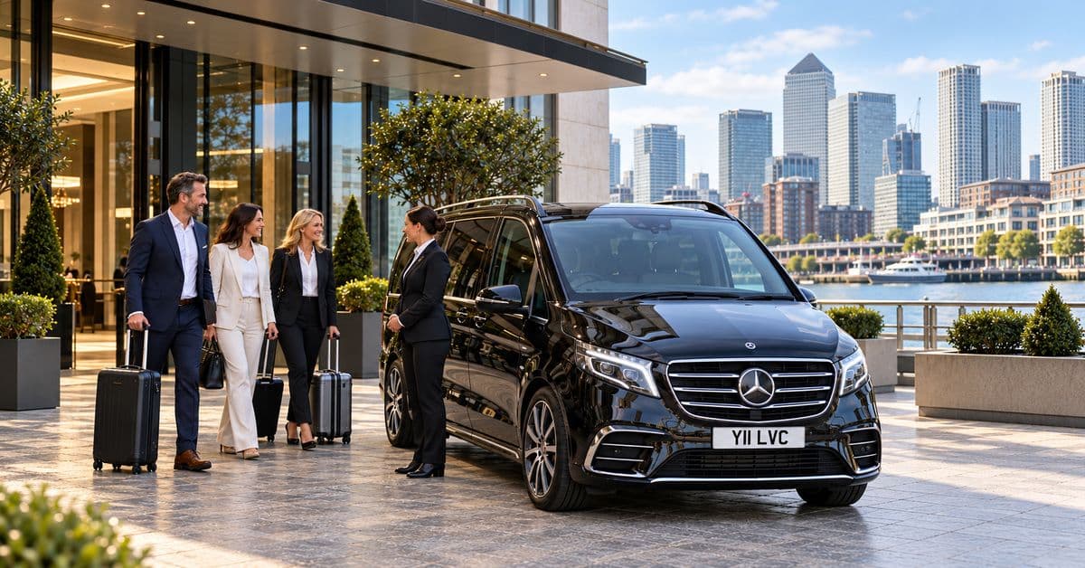Guests and chauffeur beside a black Mercedes-Benz V-Class outside a London Docklands hotel.
