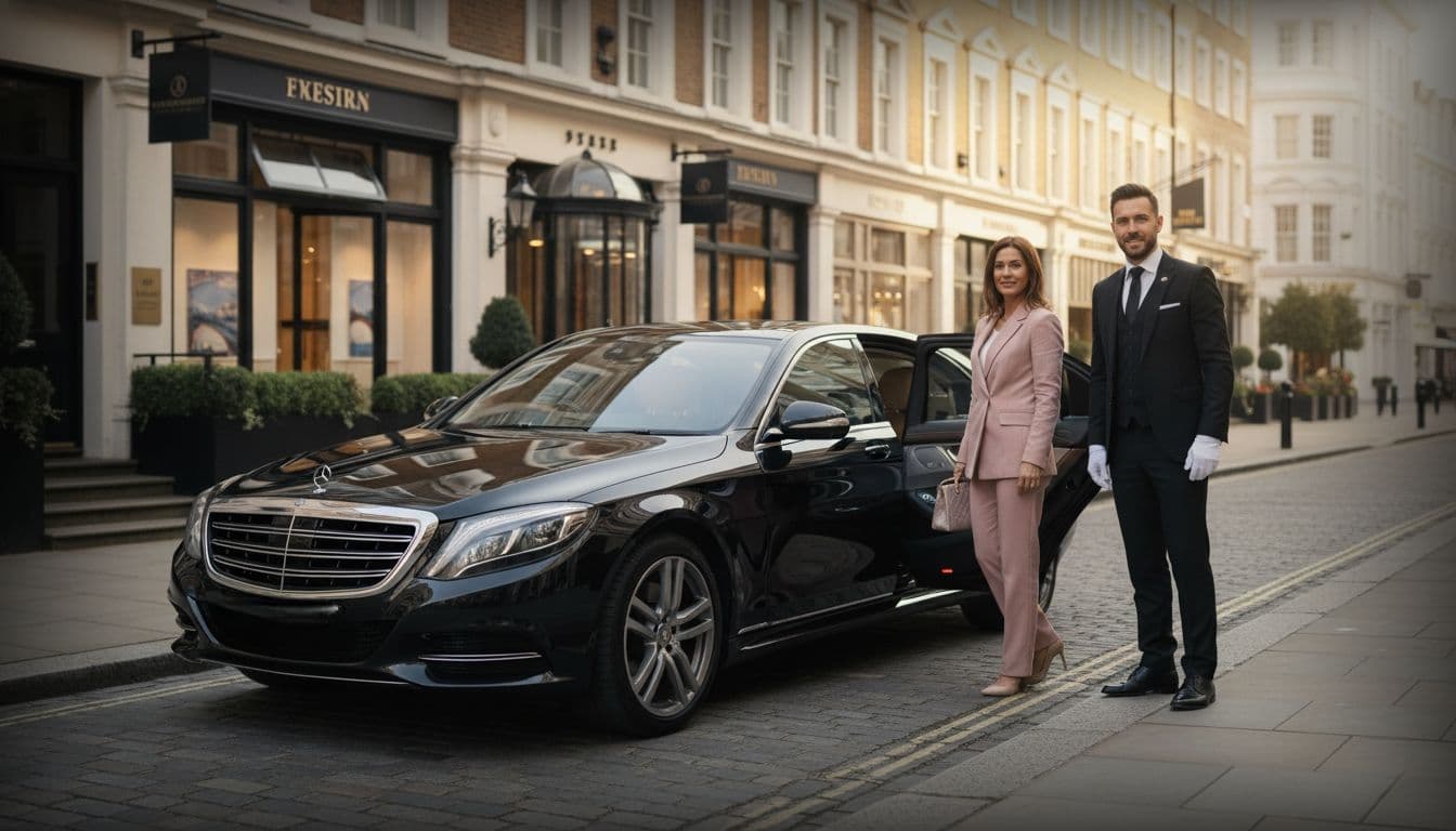 Luxury chauffeur driver opening door for passengers outside a Mayfair hotel for private Rolls-Royce or Mercedes executive booking service in London