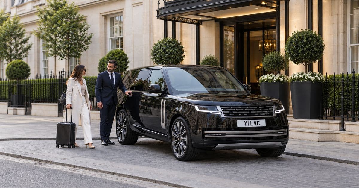Chauffeur and passenger beside a black Range Rover outside a London hotel.