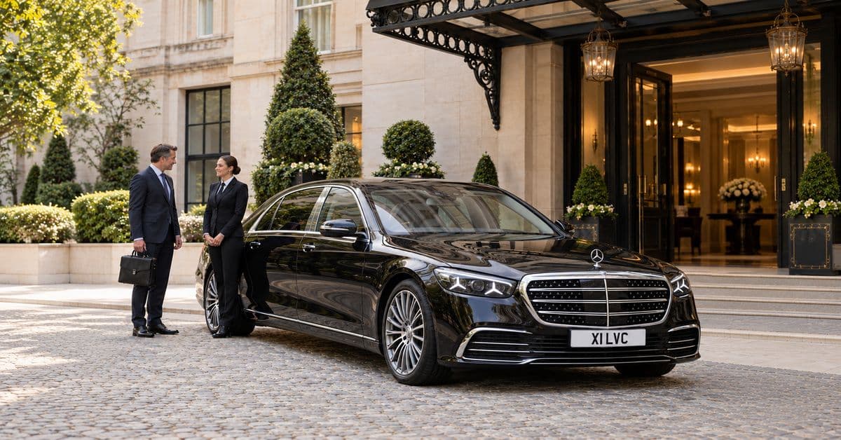 Chauffeur and guest beside a black Mercedes-Benz S-Class outside an elegant London hotel.