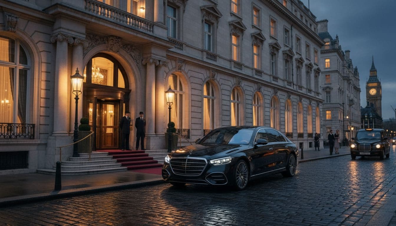 Luxury Mercedes-Benz S-Class facelift 2026 chauffeur vehicle waiting outside a London hotel for guests attending an evening event.