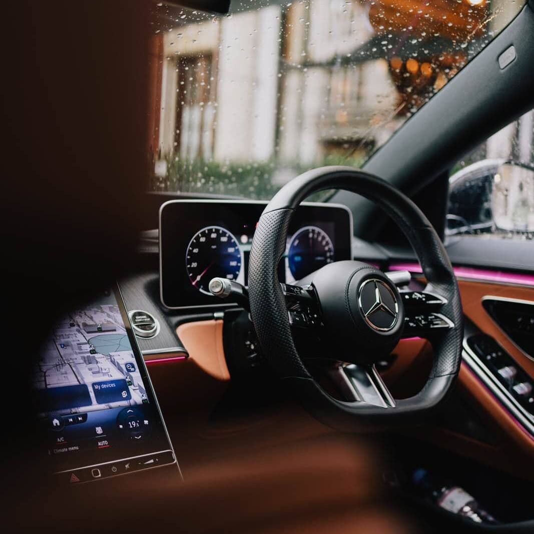 Luxury interior dashboard of a Mercedes-Benz S-Class used for executive chauffeur service in London