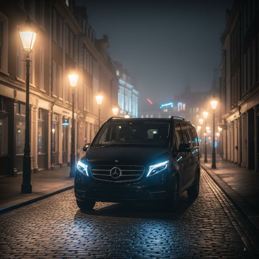Mercedes-Benz V-Class chauffeur vehicle transporting clients from a theatre at night with city lights