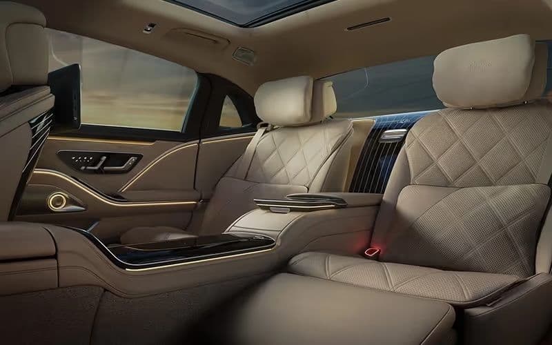 Luxury interior of a Mercedes-Benz S-Class prepared for business professionals during a London roadshow with VIP chauffeur service.