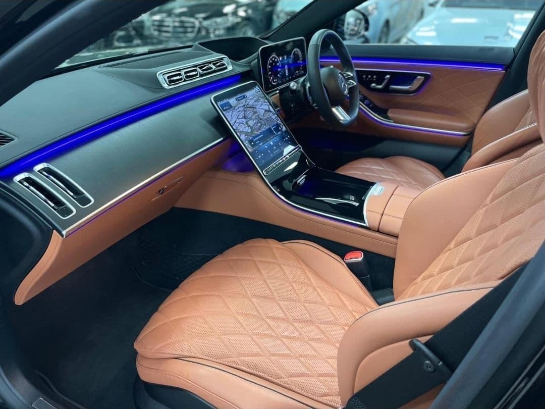Interior of a Mercedes-Benz S-Class for luxury chauffeur service in Canary Wharf, London
