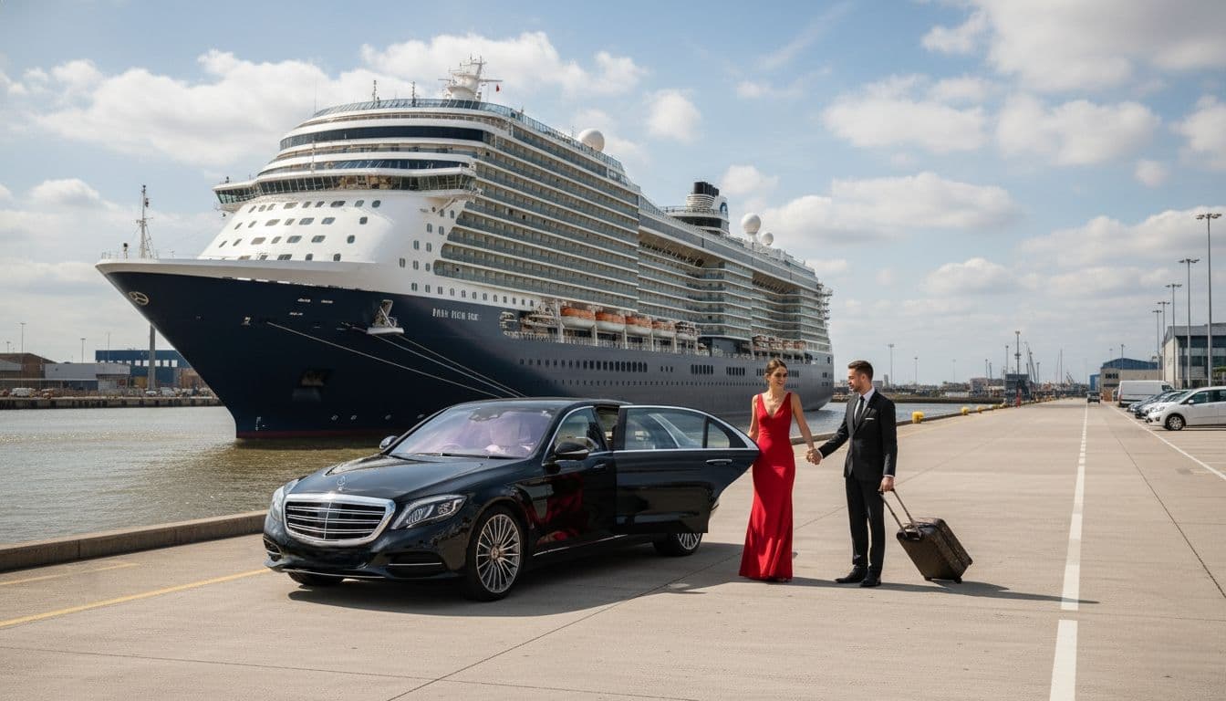 Lady exiting a Mercedes-Benz S-Class at Tilbury Cruise Port near the ship
