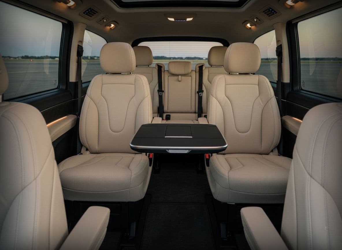 The premium interior of a luxury Mercedes-Benz Sprinter with executive leather seating and climate control.