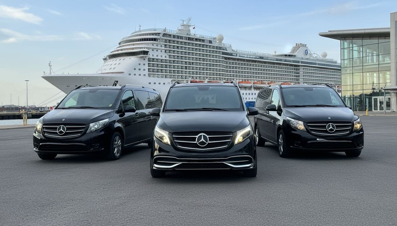 Luxury Mercedes-Benz V-Class chauffeur vans waiting at a London cruise terminal to collect clients for city transfers and London tours.