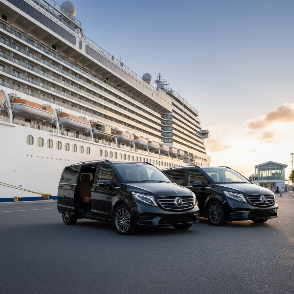 Two Mercedes-Benz V-Class chauffeur vans waiting at the cruise terminal to collect passengers for an airport transfer