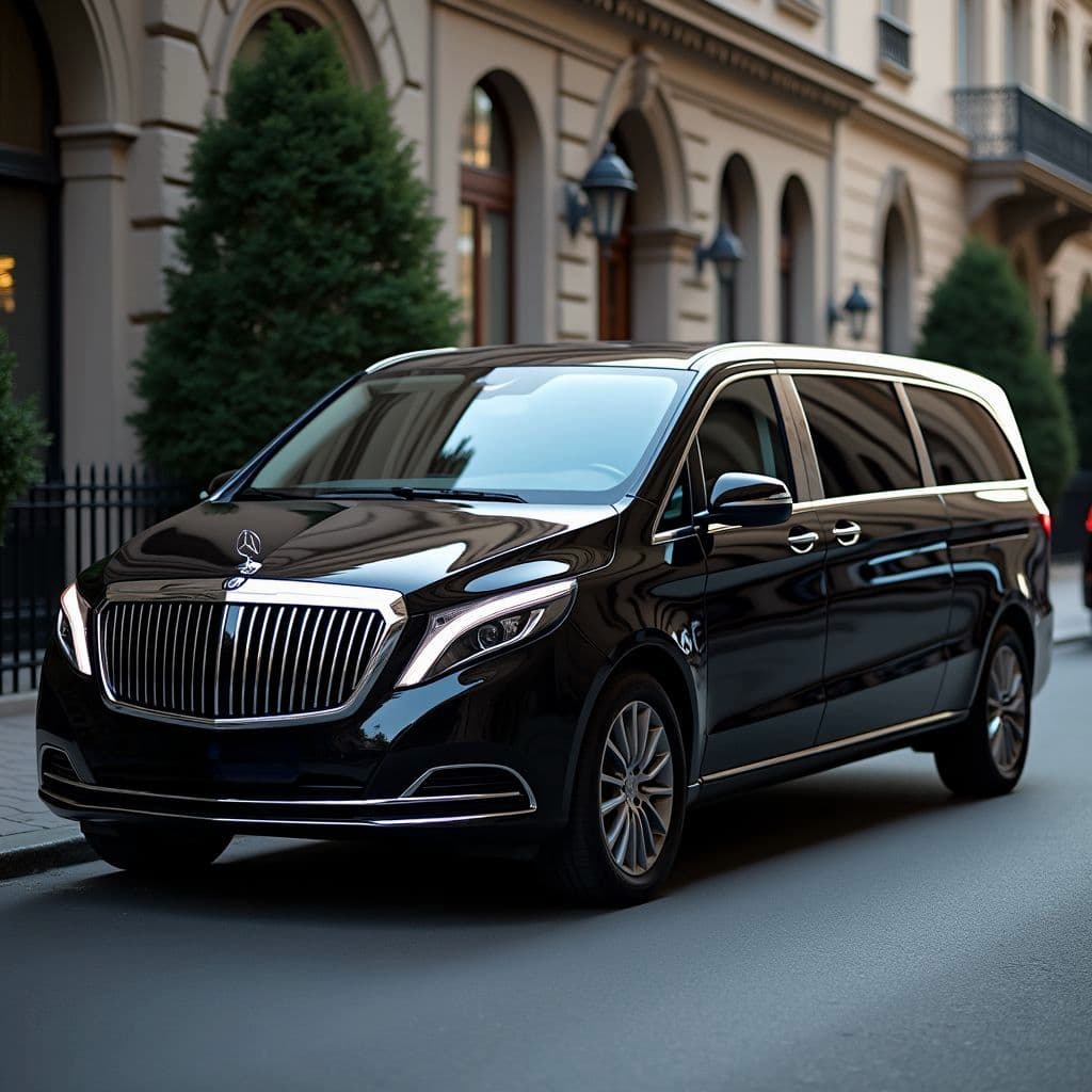 Mercedes V-Class chauffeur waiting outside a luxury hotel in London for guests departing on a private sightseeing tour