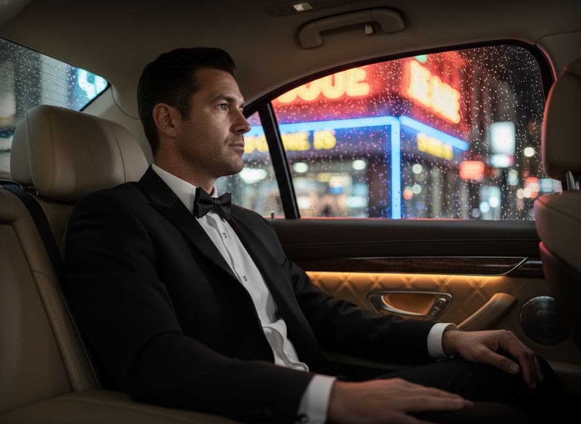 Passenger in formal attire seated inside a Mercedes-Benz s-Class after a film premiere, looking out at a rainy night street
