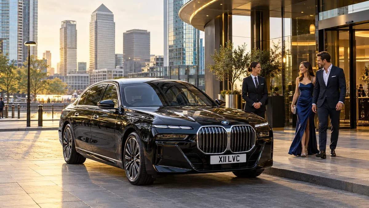 Illustration of guests meeting a chauffeur beside a black BMW 7 Series at a Canary Wharf hotel before travelling to The O2