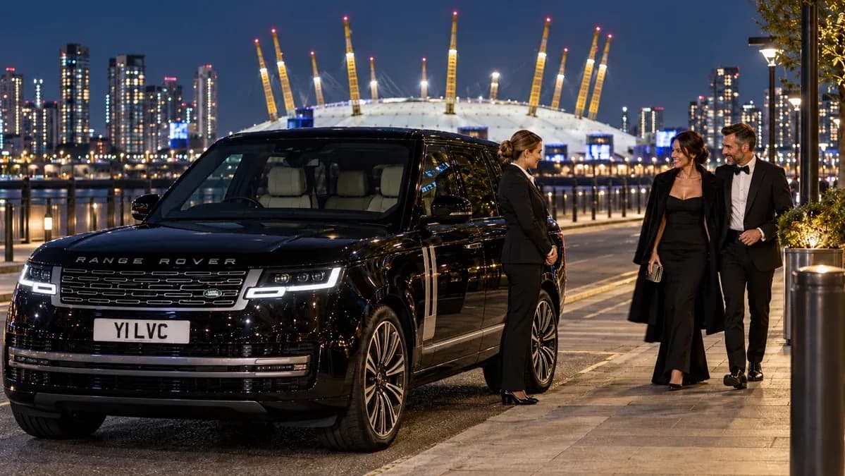 Illustration of a female chauffeur welcoming guests beside a black Range Rover Autobiography with closed doors near The O2 arena