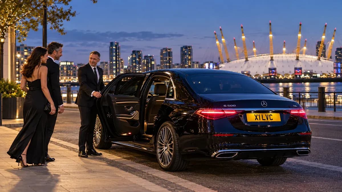 Illustration of a chauffeur welcoming concert guests beside a black Mercedes-Benz S-Class with The O2 in the background