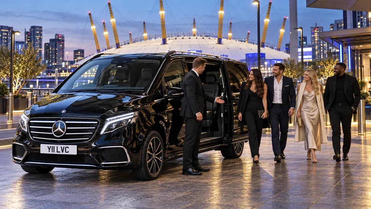 Illustration of a chauffeur welcoming a group beside a black Mercedes-Benz V-Class at The O2 in the evening