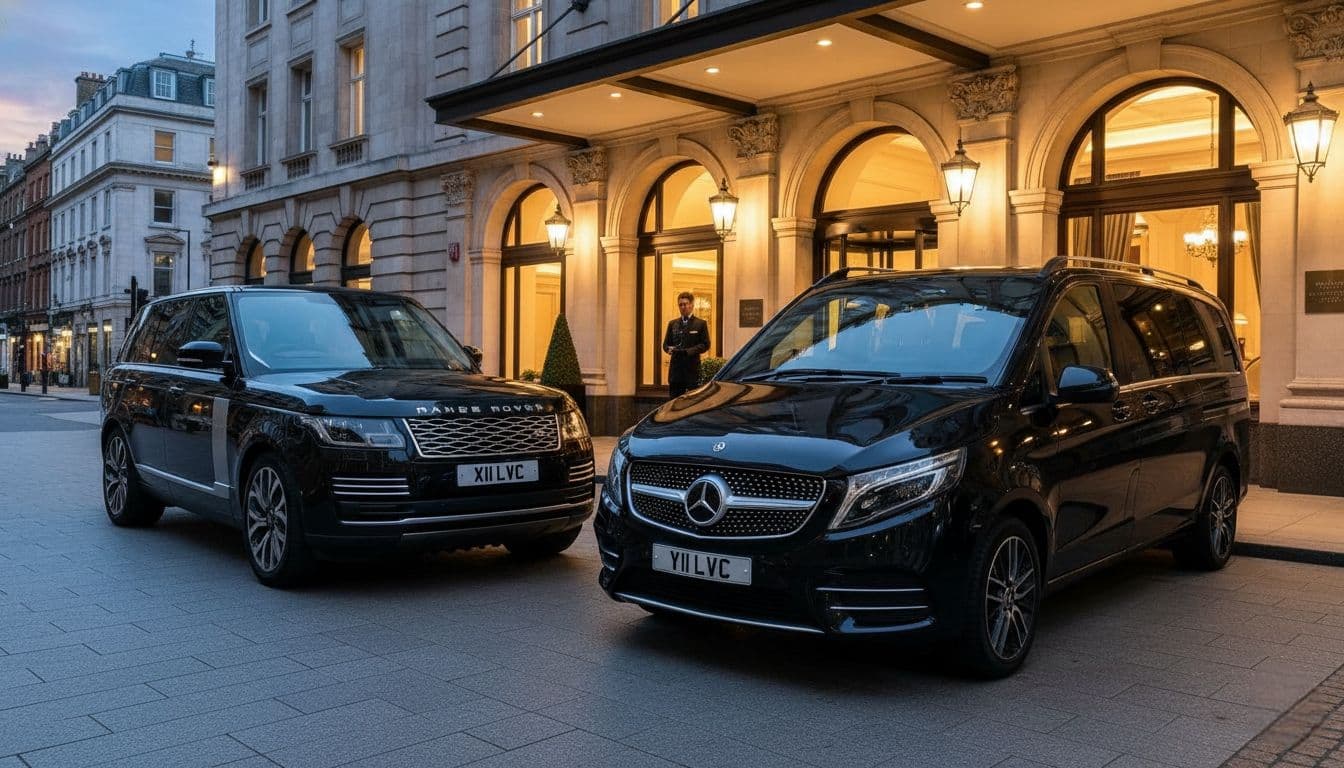 Prestige Cars SUV and Mercedes-Benz V-Class waiting in front of a hotel to load luggage and clients for Southampton Cruise Terminal transfer