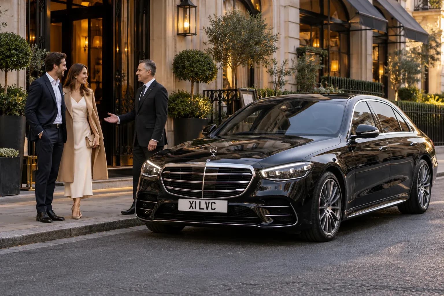 Chauffeur welcoming guests beside a black Mercedes-Benz S-Class for an evening collection.