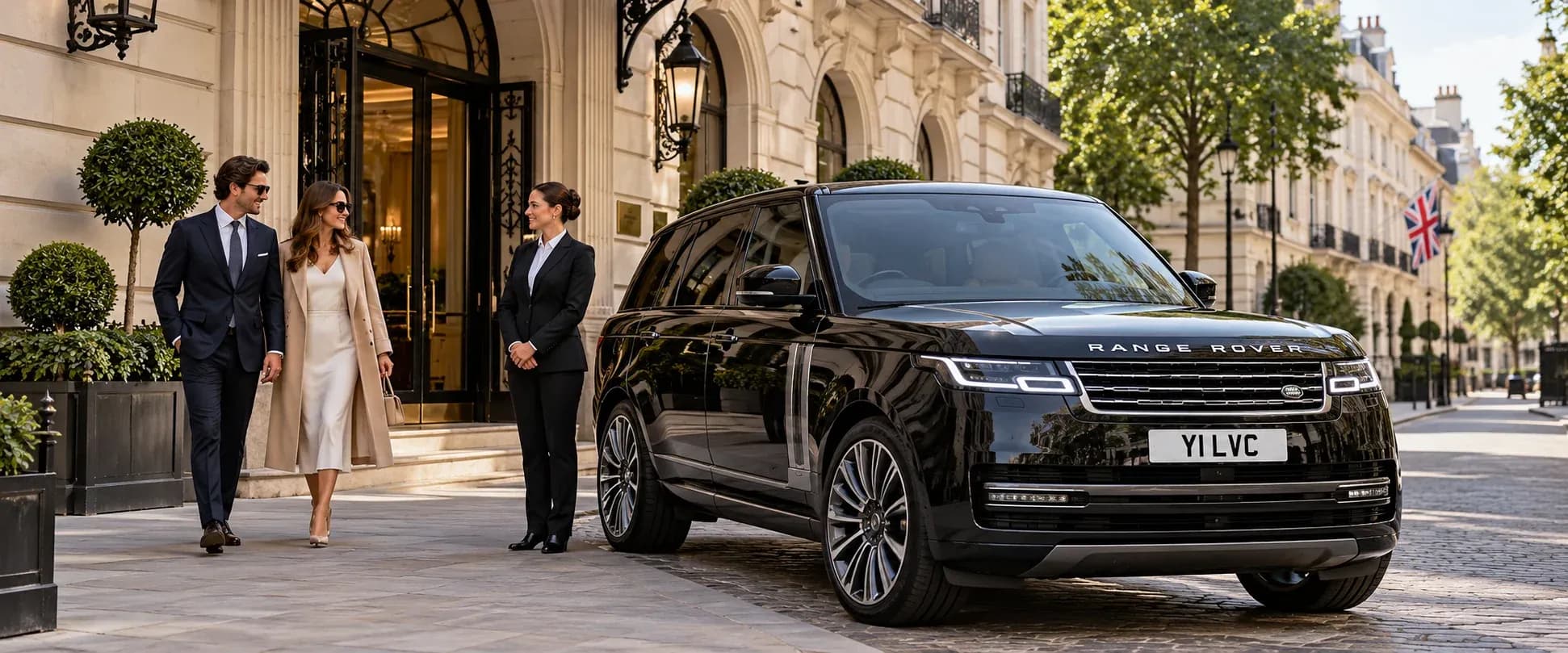 Female chauffeur welcoming guests beside a black Range Rover Autobiography in Mayfair.