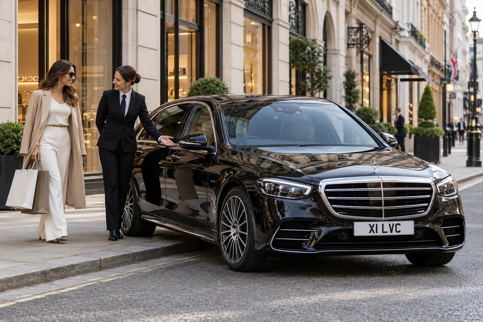 Female chauffeur assisting a guest with shopping bags beside a black Mercedes-Benz S-Class in London.