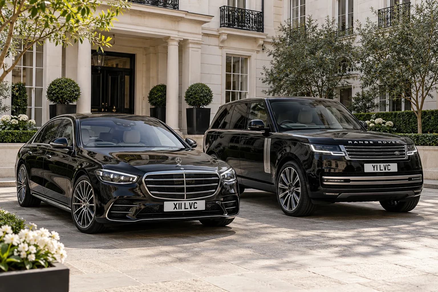 Black Mercedes-Benz S-Class and Range Rover Autobiography available for prestige chauffeur journeys.