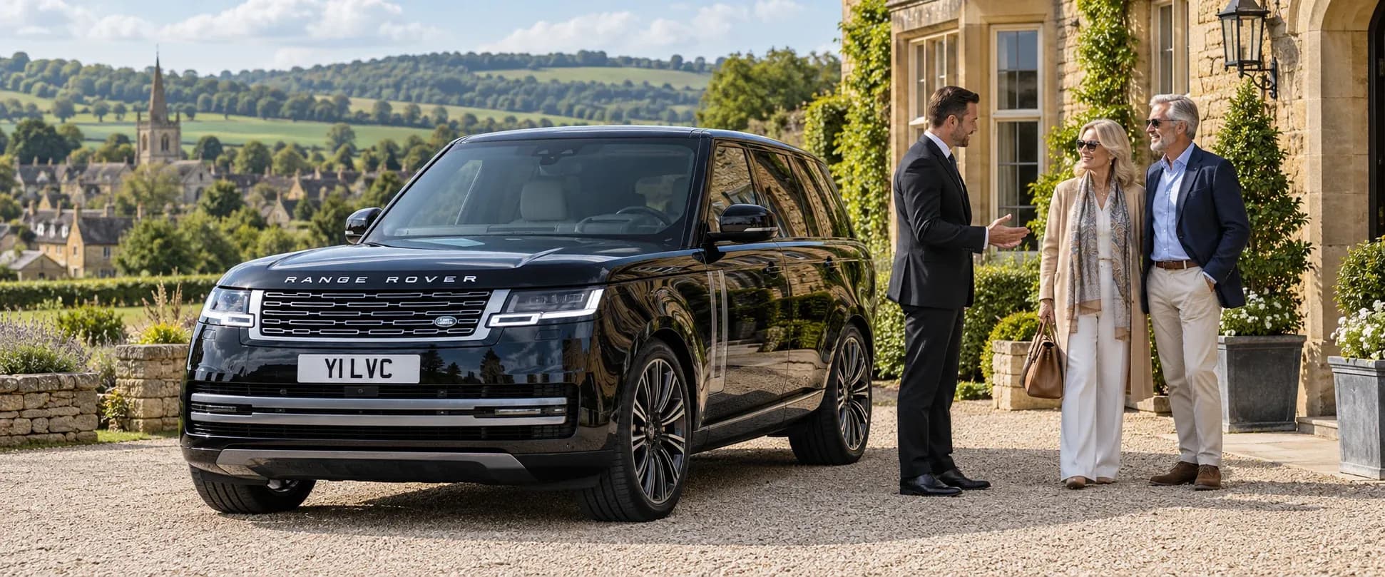 Chauffeur welcoming travellers beside a black Range Rover at a Cotswolds country hotel.