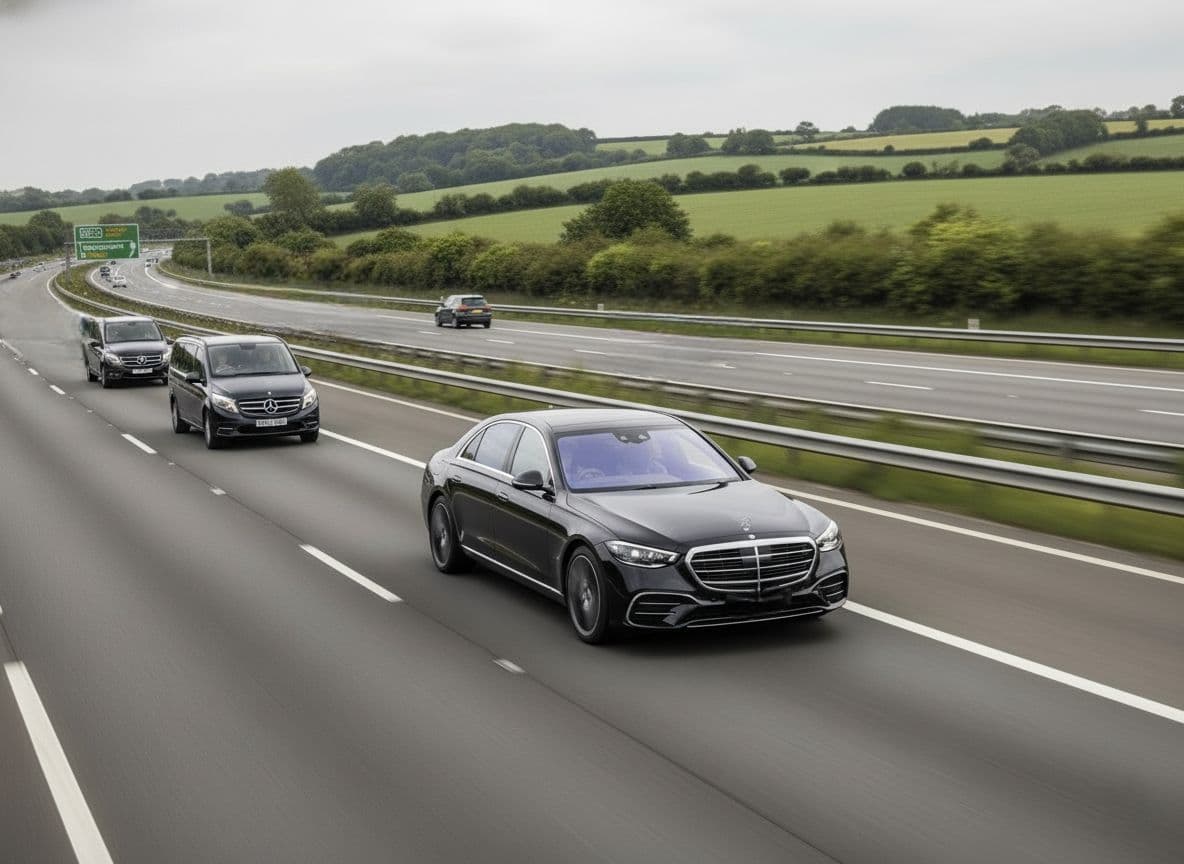 A convoy of black Mercedes-Benz S-Class vehicles traveling on the motorway for a private group tour.