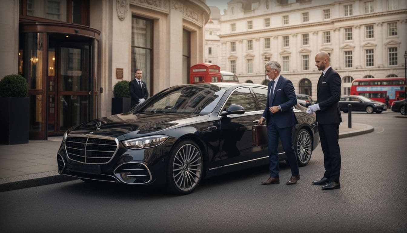 Luxury Mercedes S-Class chauffeur service outside London hotel with professional driver welcoming VIP guest for private limo travel