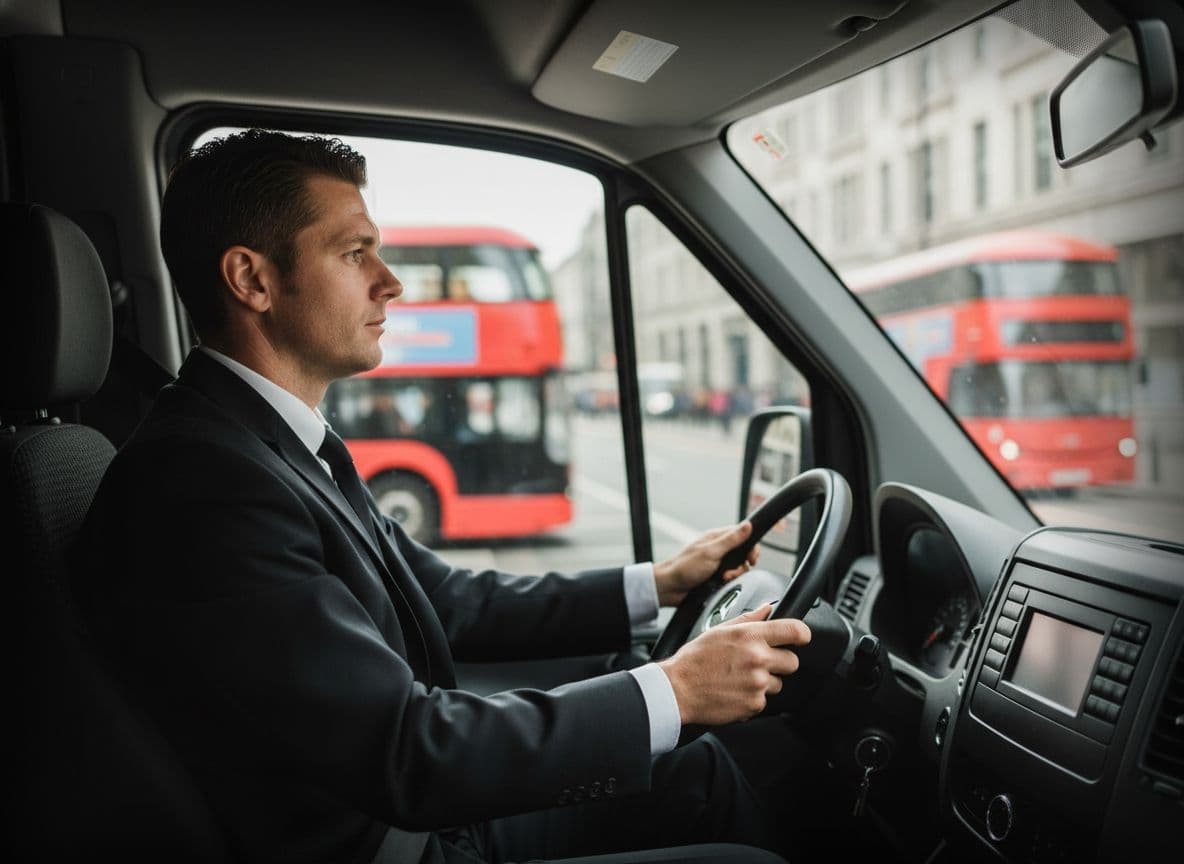 A focused, uniformed chauffeur operating a luxury group coach through London traffic.