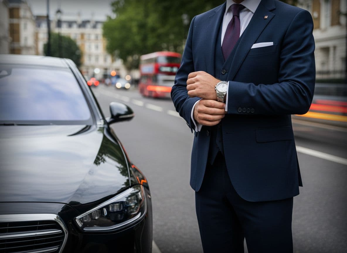 A sharp, professional chauffeur checking a watch next to a luxury car, symbolizing punctuality and safety.