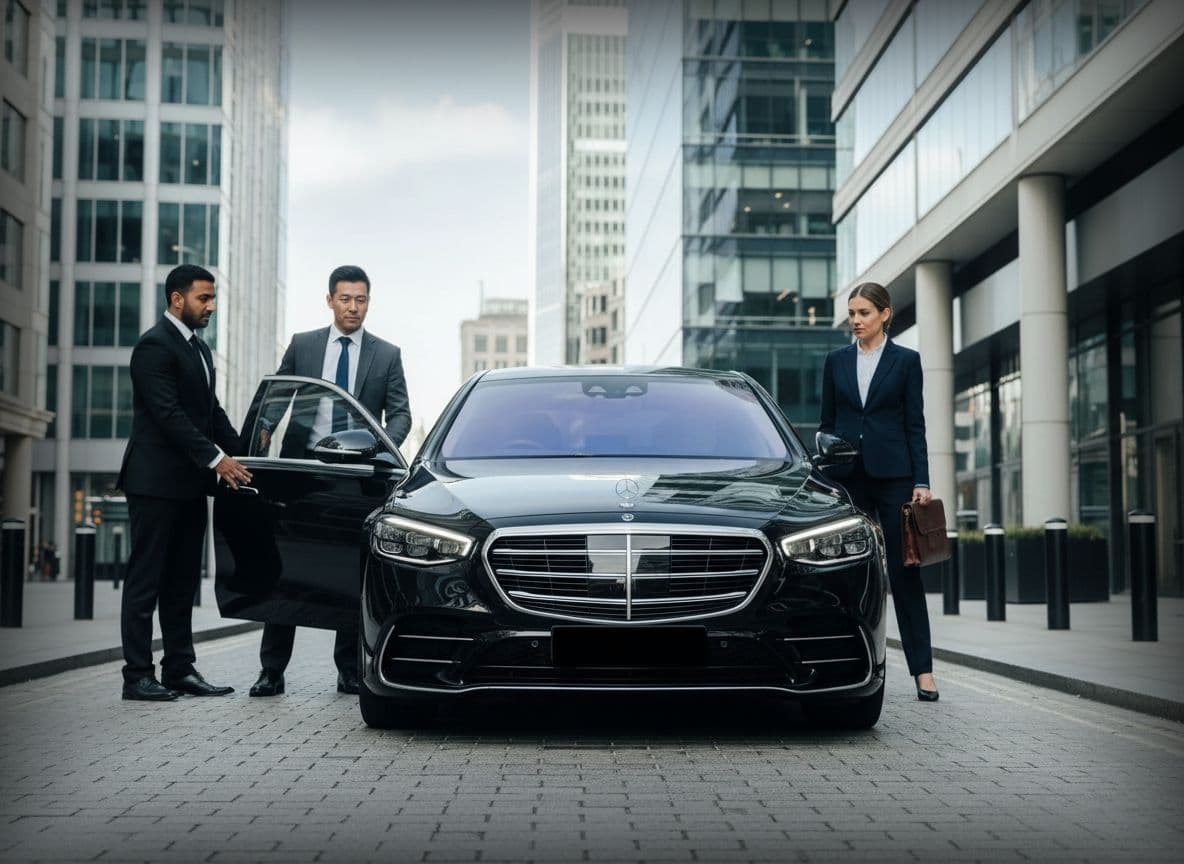 Roadshow chauffeur service London with executive clients entering luxury vehicle in Canary Wharf
