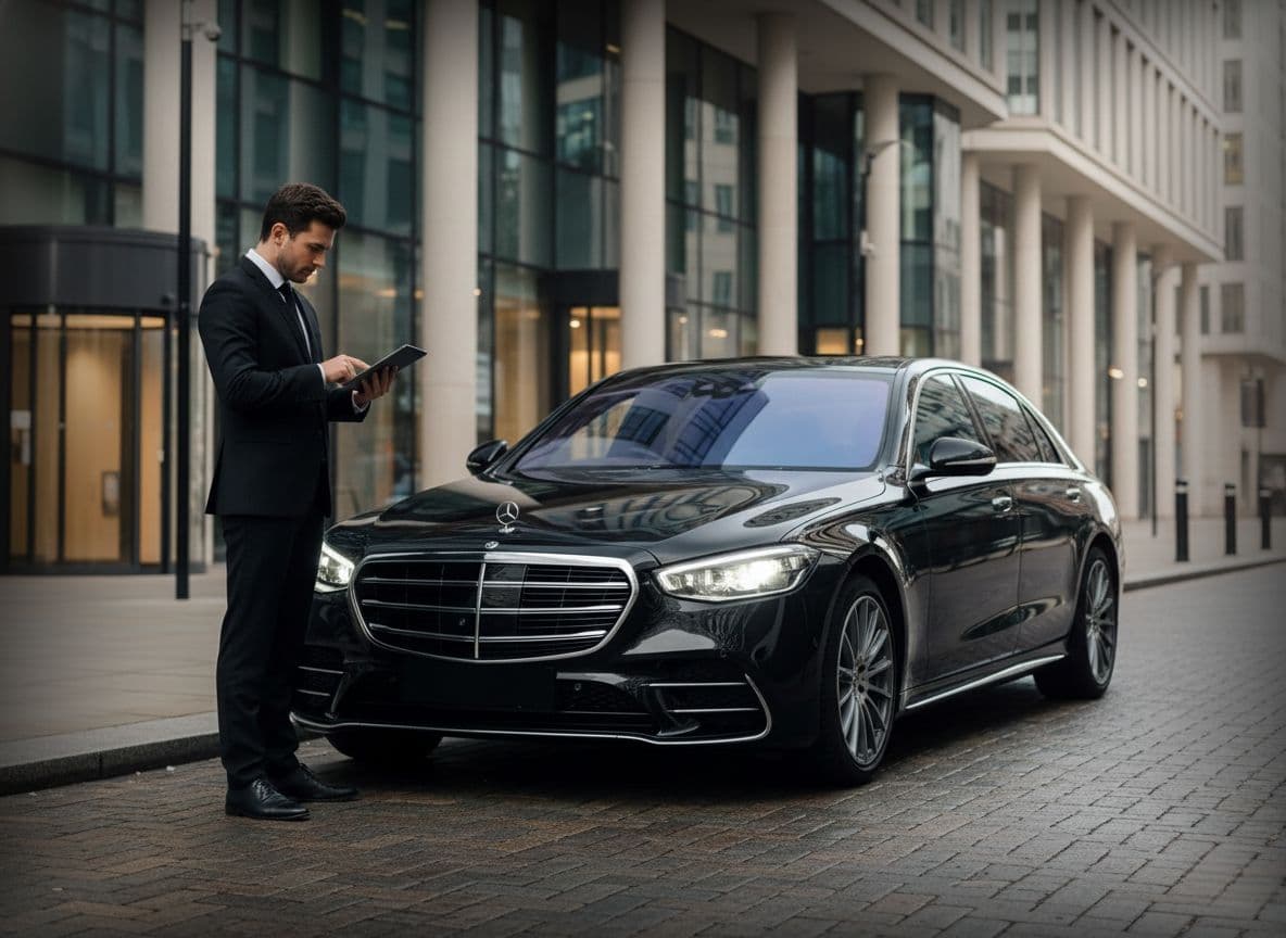Roadshow chauffeur London with professional driver waiting outside corporate building for executive pickup