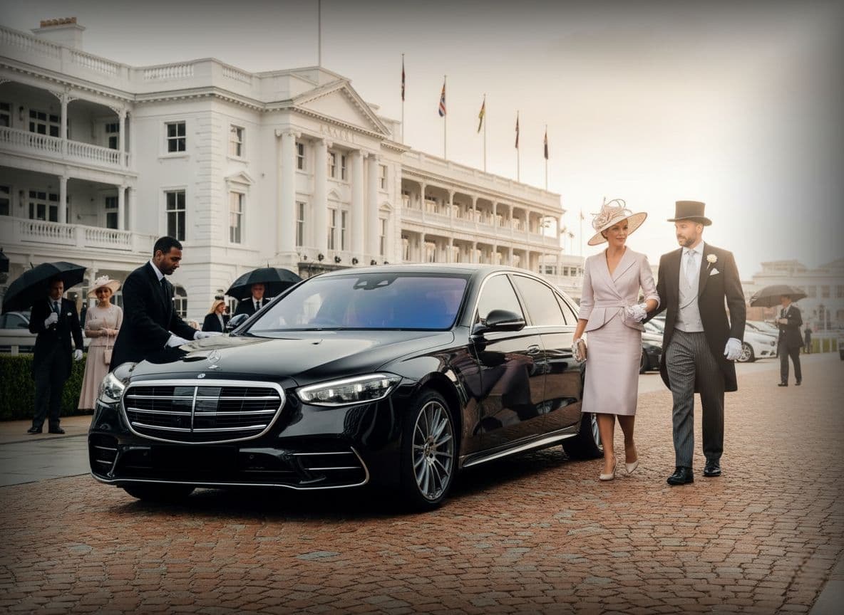 Royal Ascot chauffeur London luxury arrival with chauffeur opening car door for guests at Ascot Racecourse