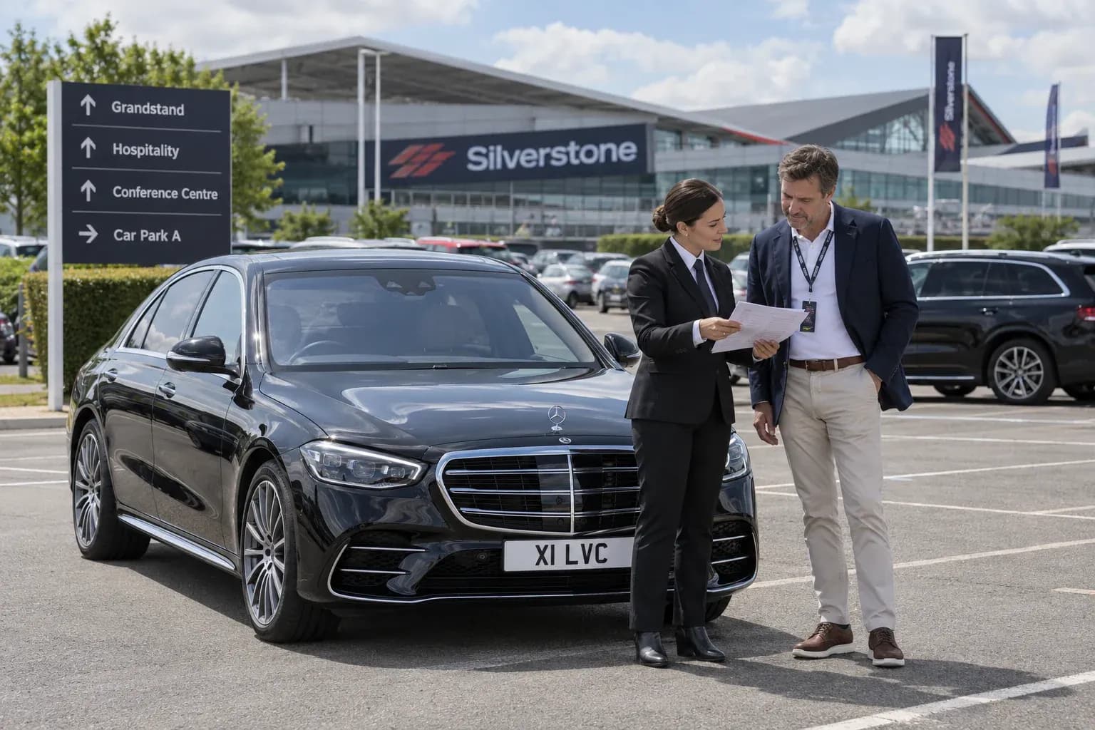 Female chauffeur planning Silverstone access with a guest beside a Mercedes-Benz S-Class.